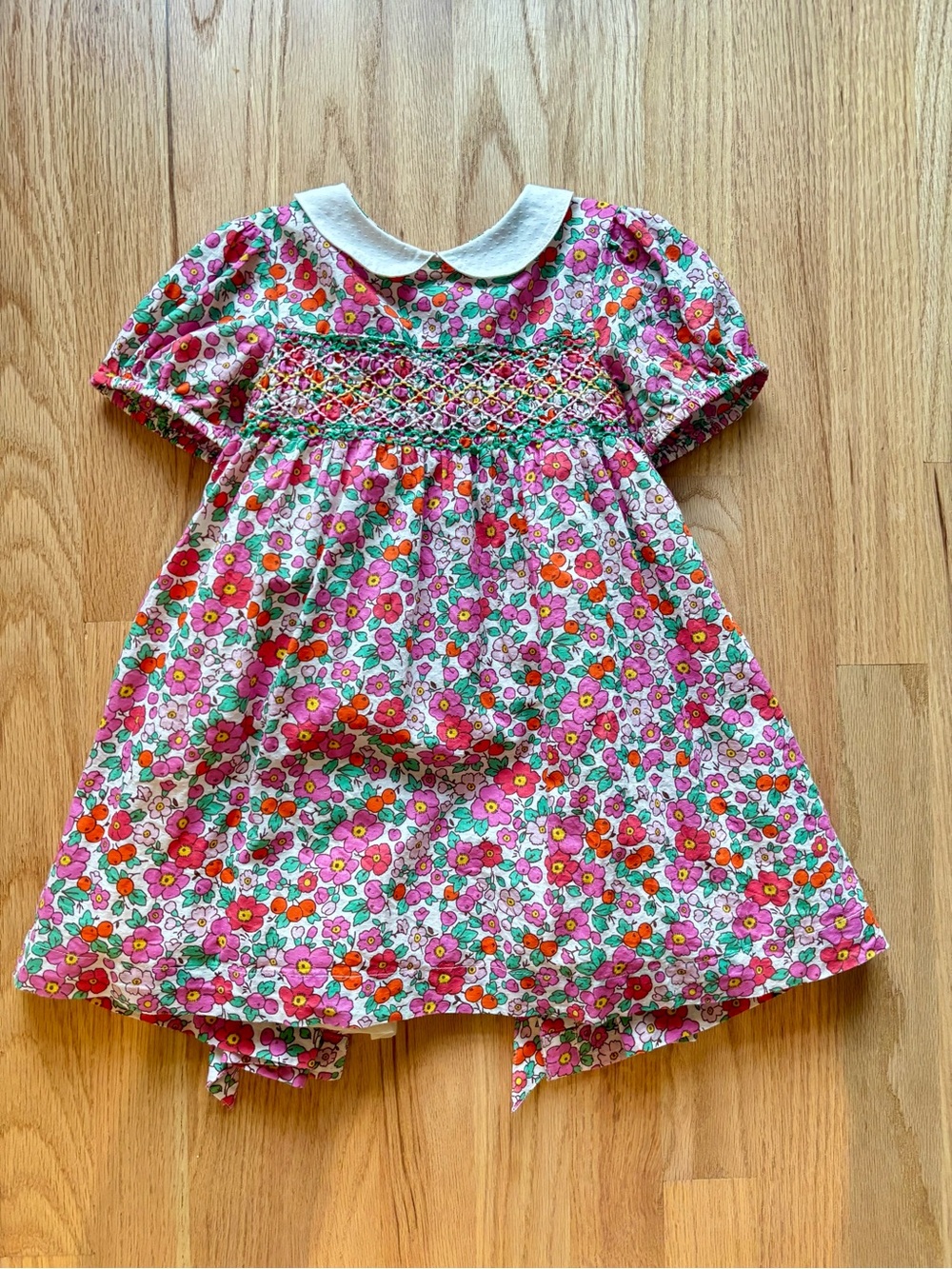 Mini Boden Pink Multi Floral Smocked Dress with White Peter Pan Collar